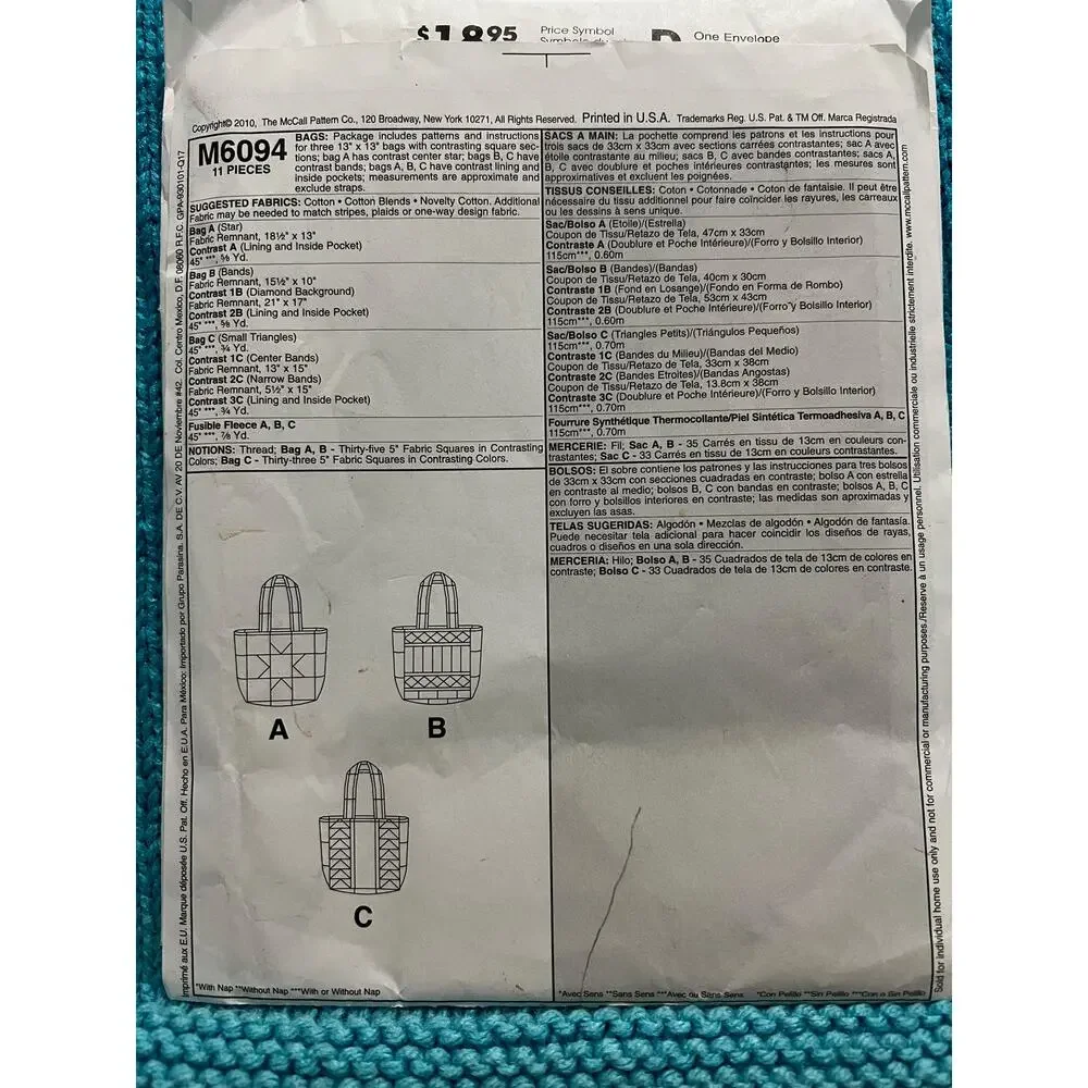 McCalls pattern 6094 quilted tote bags 13in